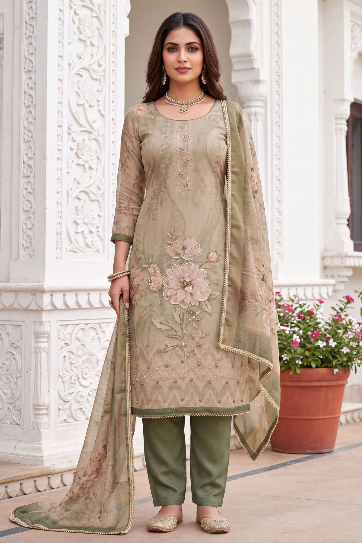 Grateful Olive Green Simmer Linen Cotton Dupatta for Women