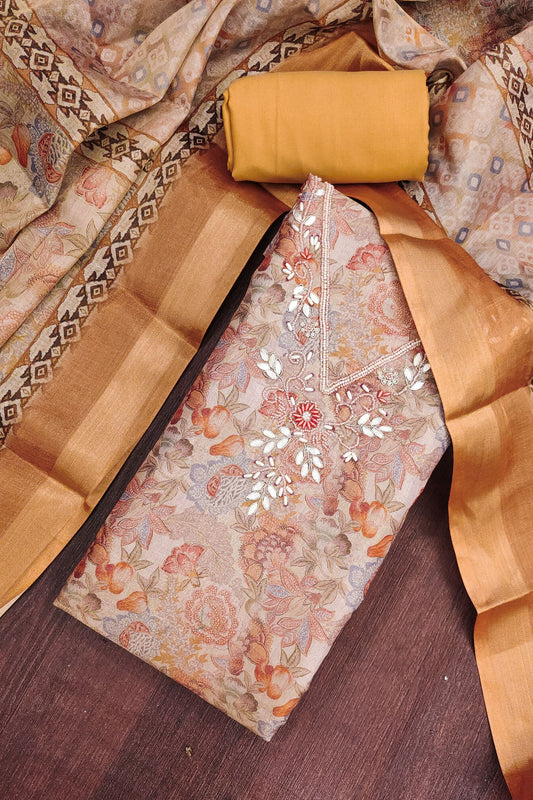 Elegant Peach Shimmer Linen Cotton Printed Hand Work Suit for Women
