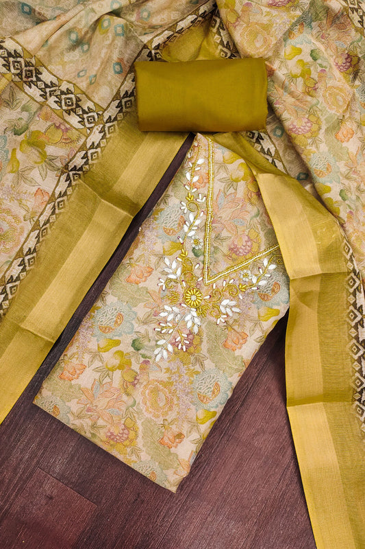 Gracefull Olive Green Shimmer Linen Cotton Printed Hand Work Suit for Women
