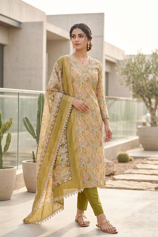 Gracefull Olive Green Shimmer Linen Cotton Printed Hand Work Suit for Women