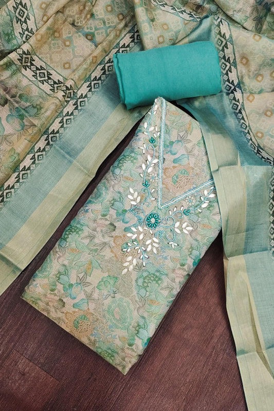 Royal Sea Green Shimmer Linen Cotton Printed Hand Work Suit for Women