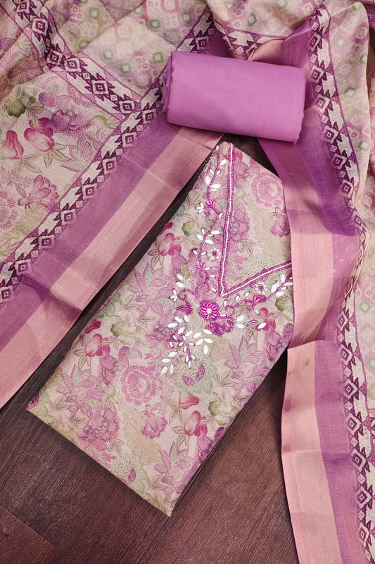 Premium Lavender Shimmer Linen Cotton Printed Hand Work Suit for Women