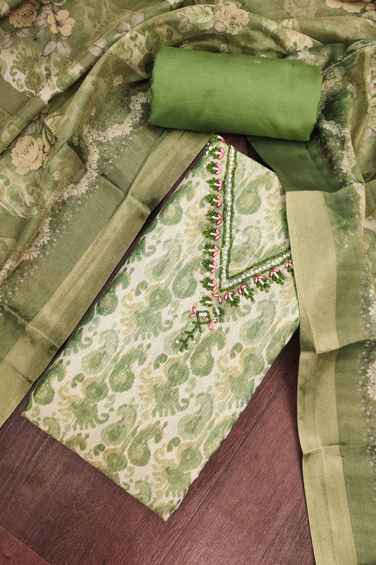 Grateful Green Shimmer Linen Cotton Printed Hand Work Suit for Women