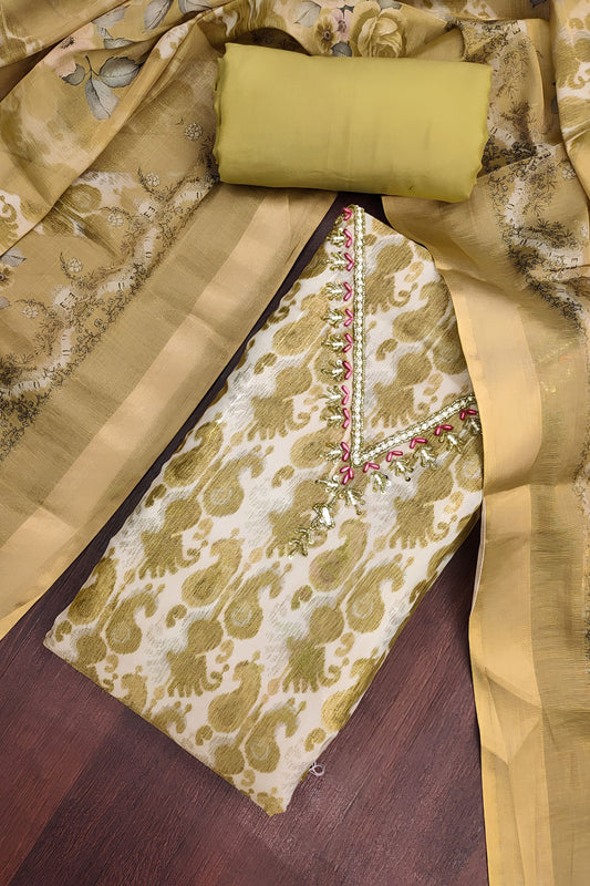 Vibrant Mustard Yellow Shimmer Linen Cotton Printed Hand Work Suit for Women