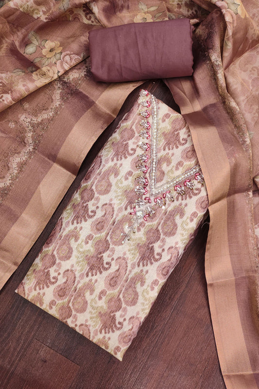 Lovely Mauve Shimmer Linen Cotton Printed Hand Work Suit for Women