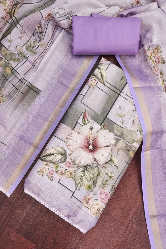 Wonderful Purple Shimmer Linen Cotton Printed Hand Work Suit for Women