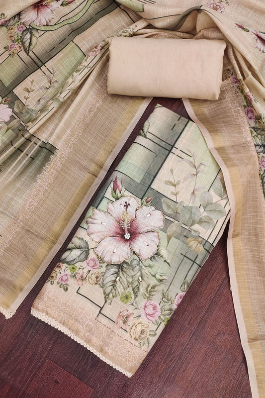 Refreshing Beige Shimmer Linen Cotton Printed Hand Work Suit for Women