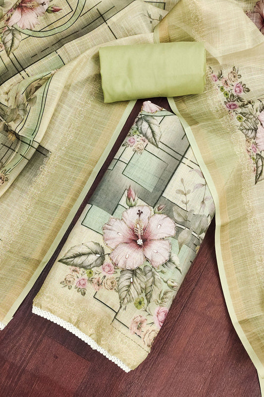 Trendy Sea Green Shimmer Linen Cotton Printed Hand Work Suit for Women