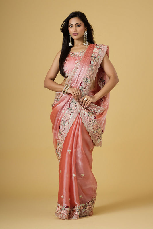 Amazing Peach Jimmy Choo Saree Sequins Embroidery Work for Women