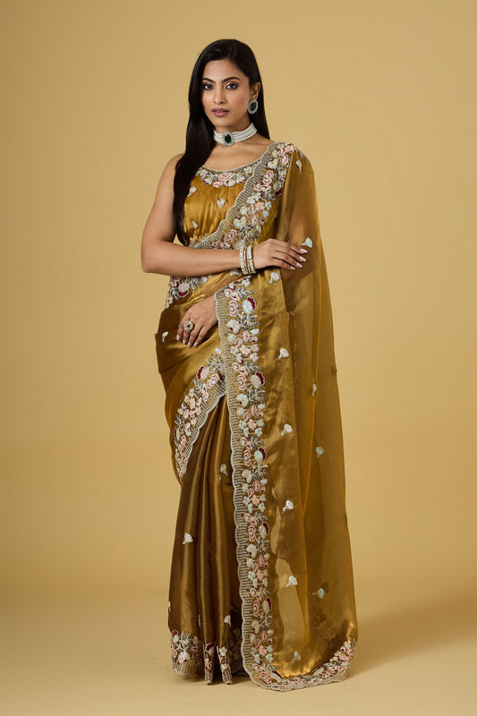 Premium Golden Jimmy Choo Saree Sequins Embroidery Work for Women