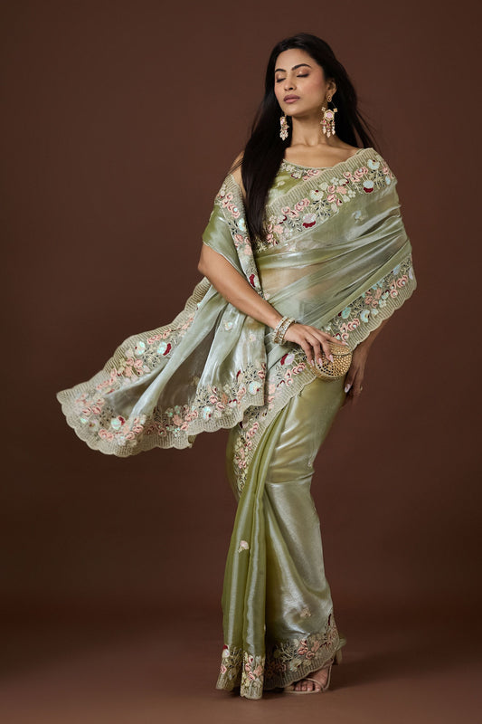 Grateful Sea Green Jimmy Choo Saree Sequins Embroidery Work for Women
