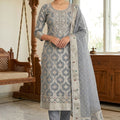 Stylish Grey Blue Banarasi Cotton Woven Designer Hand Work Salwar Suit for Women