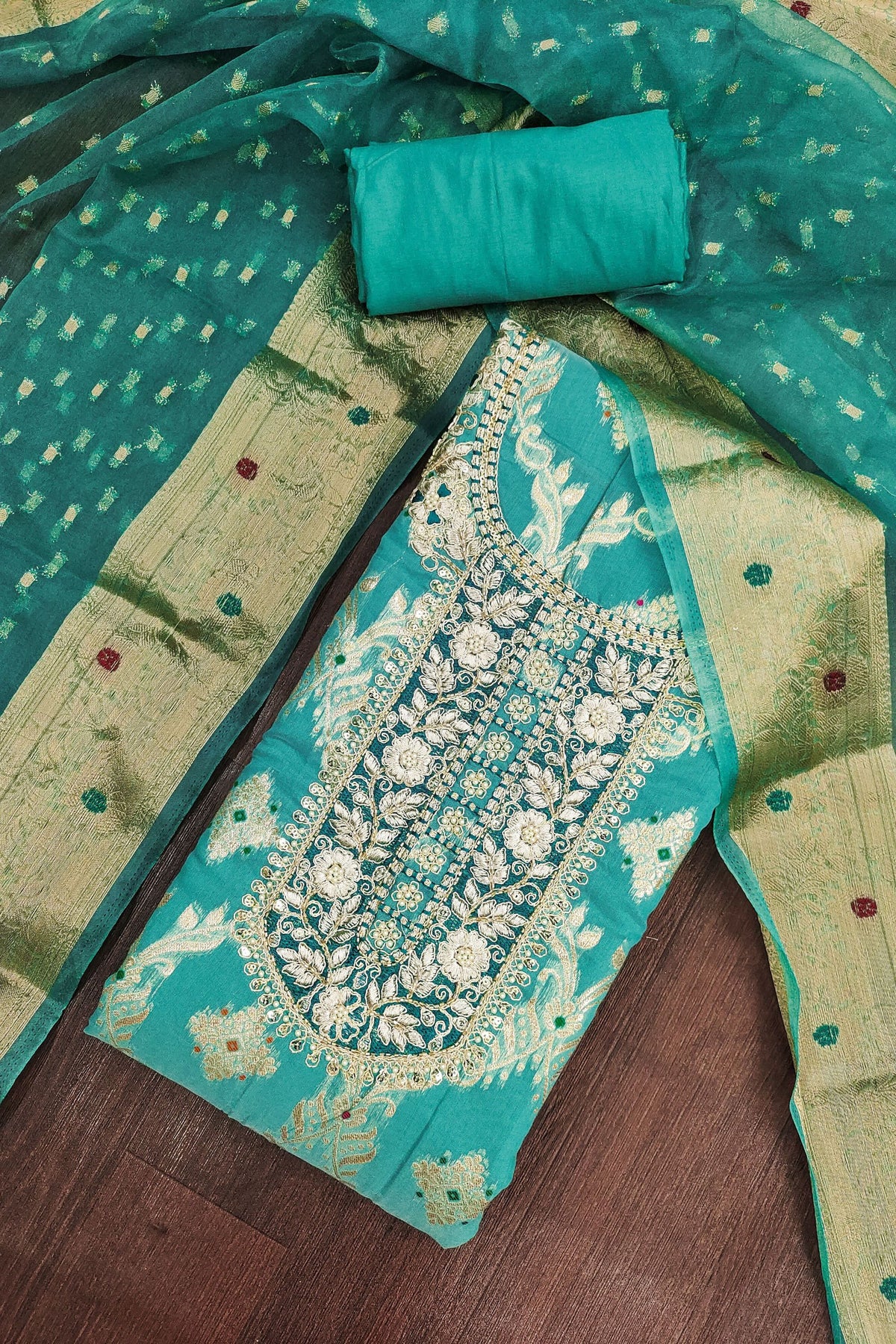 Vibrant Teal Blue Banarasi Cotton Woven Designer Hand Work Salwar Suit for Women