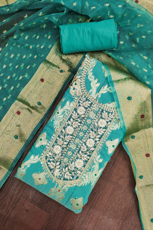 Vibrant Teal Blue Banarasi Cotton Woven Designer Hand Work Salwar Suit for Women