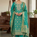 Vibrant Teal Blue Banarasi Cotton Woven Designer Hand Work Salwar Suit for Women
