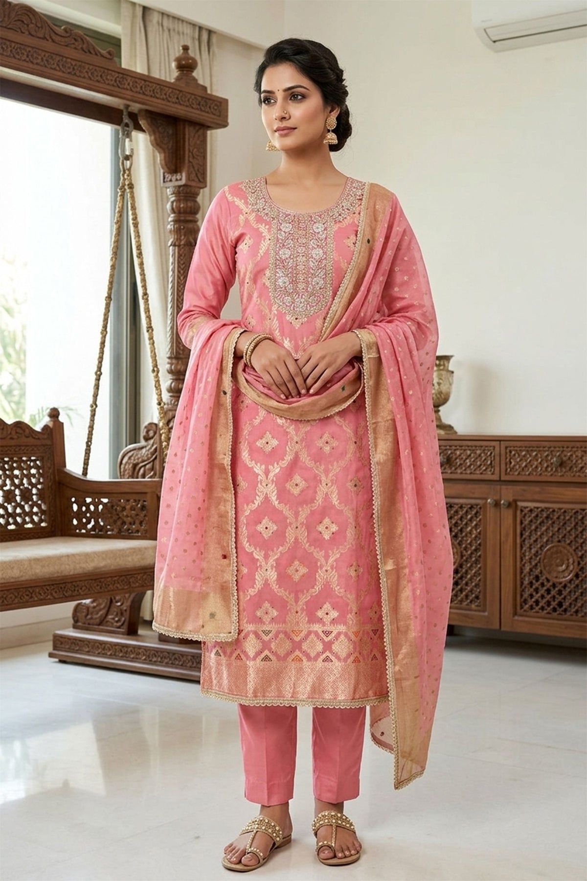 Beautiful Pink Banarasi Cotton Woven Designer Hand Work Salwar Suit for Women