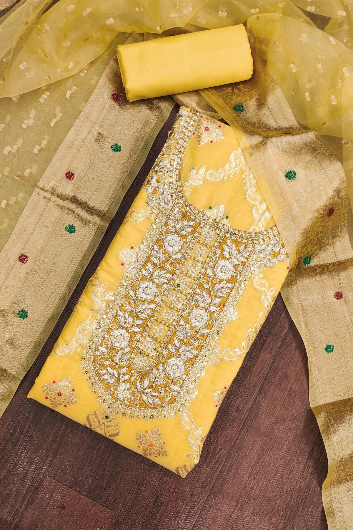 Premium Mustard Yellow Banarasi Cotton Woven Designer Hand Work Salwar Suit for Women