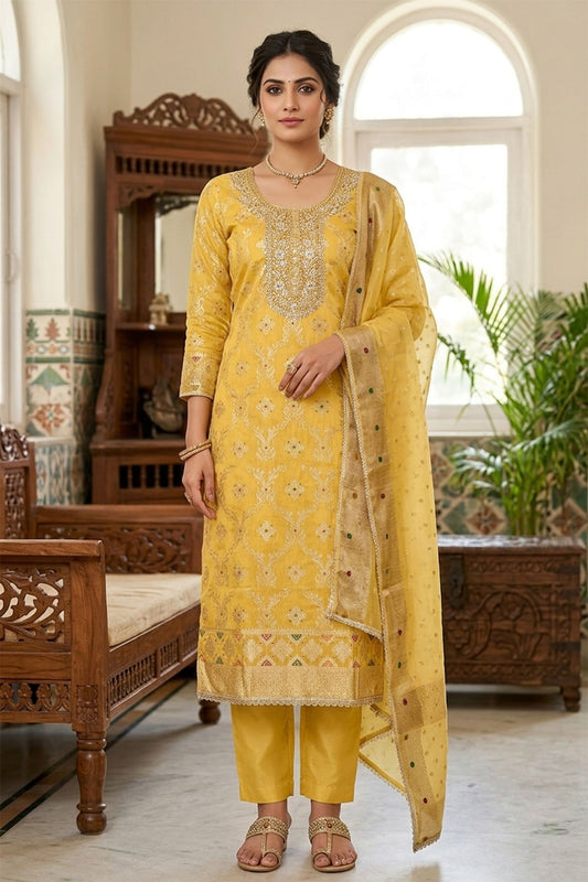 Premium Mustard Yellow Banarasi Cotton Woven Designer Hand Work Salwar Suit for Women