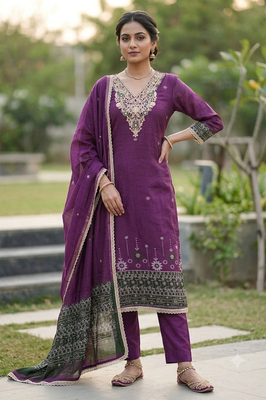 Lovely Purple Banarasi Cotton Woven Designer Hand Work Salwar Suit for Women