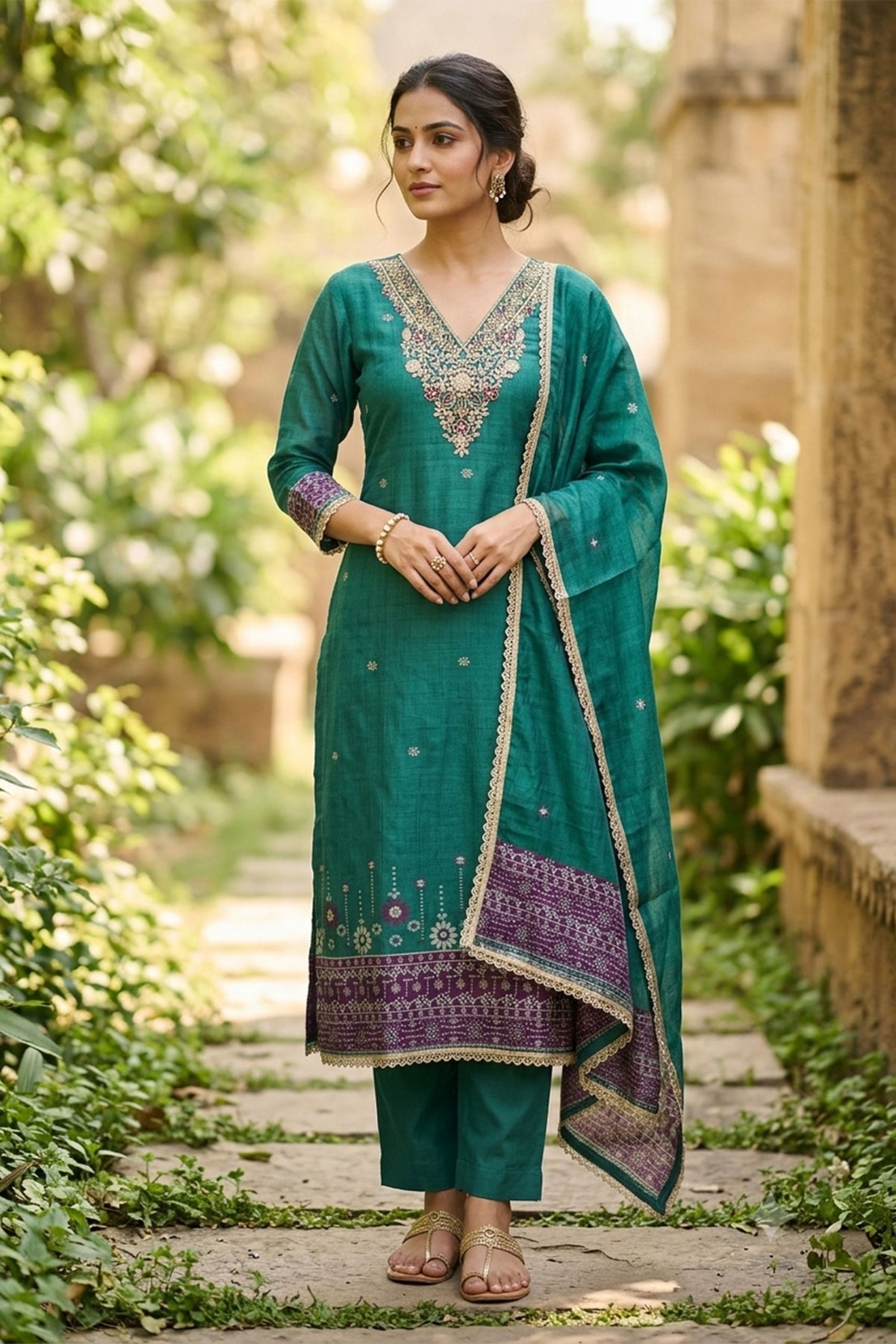Graceful Teal Green Banarasi Cotton Woven Designer Hand Work Salwar Suit for Women
