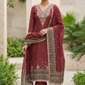 Adorable Maroon Banarasi Cotton Woven Designer Hand Work Salwar Suit for Women