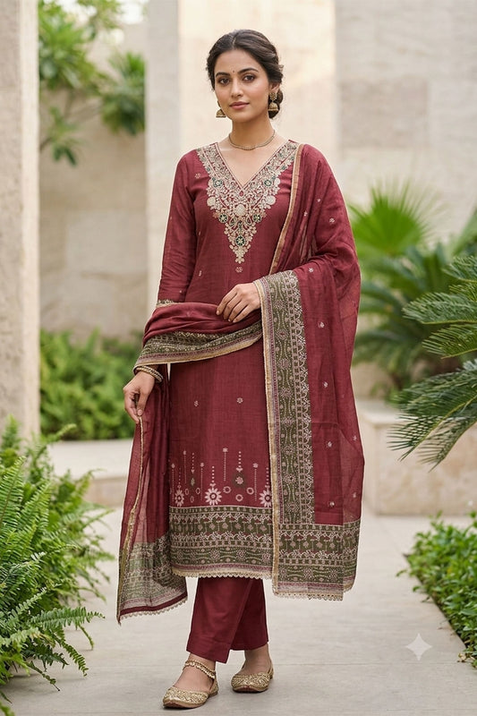 Adorable Maroon Banarasi Cotton Woven Designer Hand Work Salwar Suit for Women