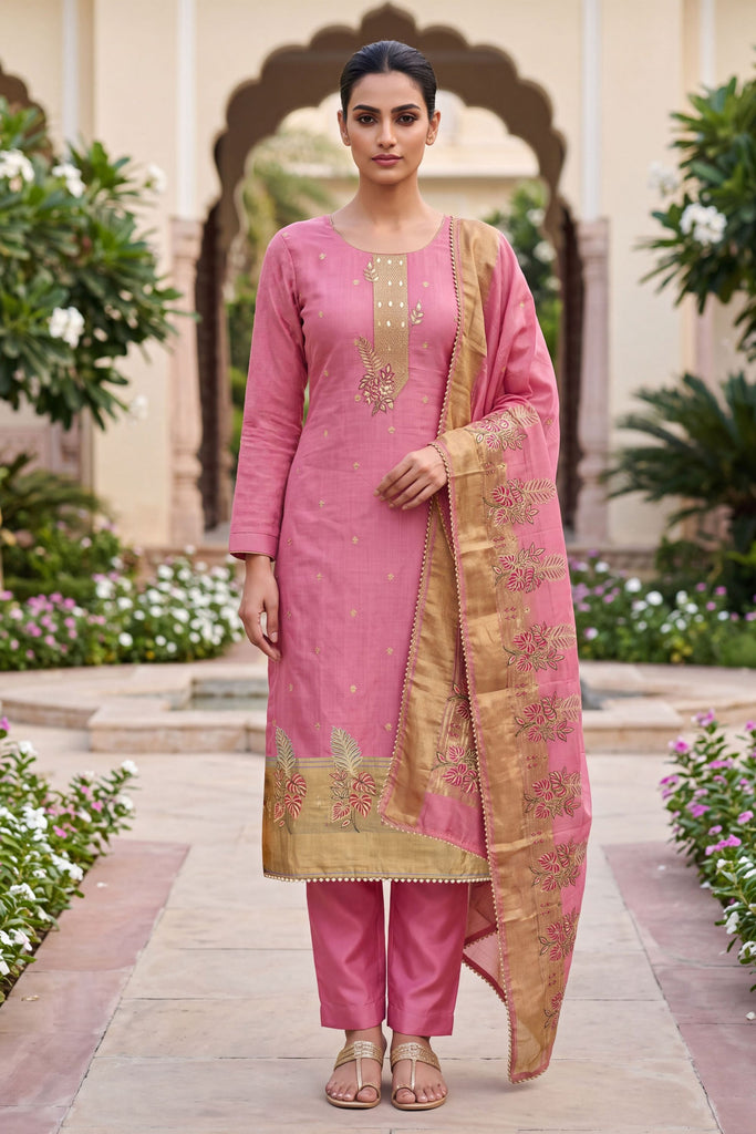 Trendy Pink Banarasi Cotton Woven Designer Hand Work Salwar Suit for Women