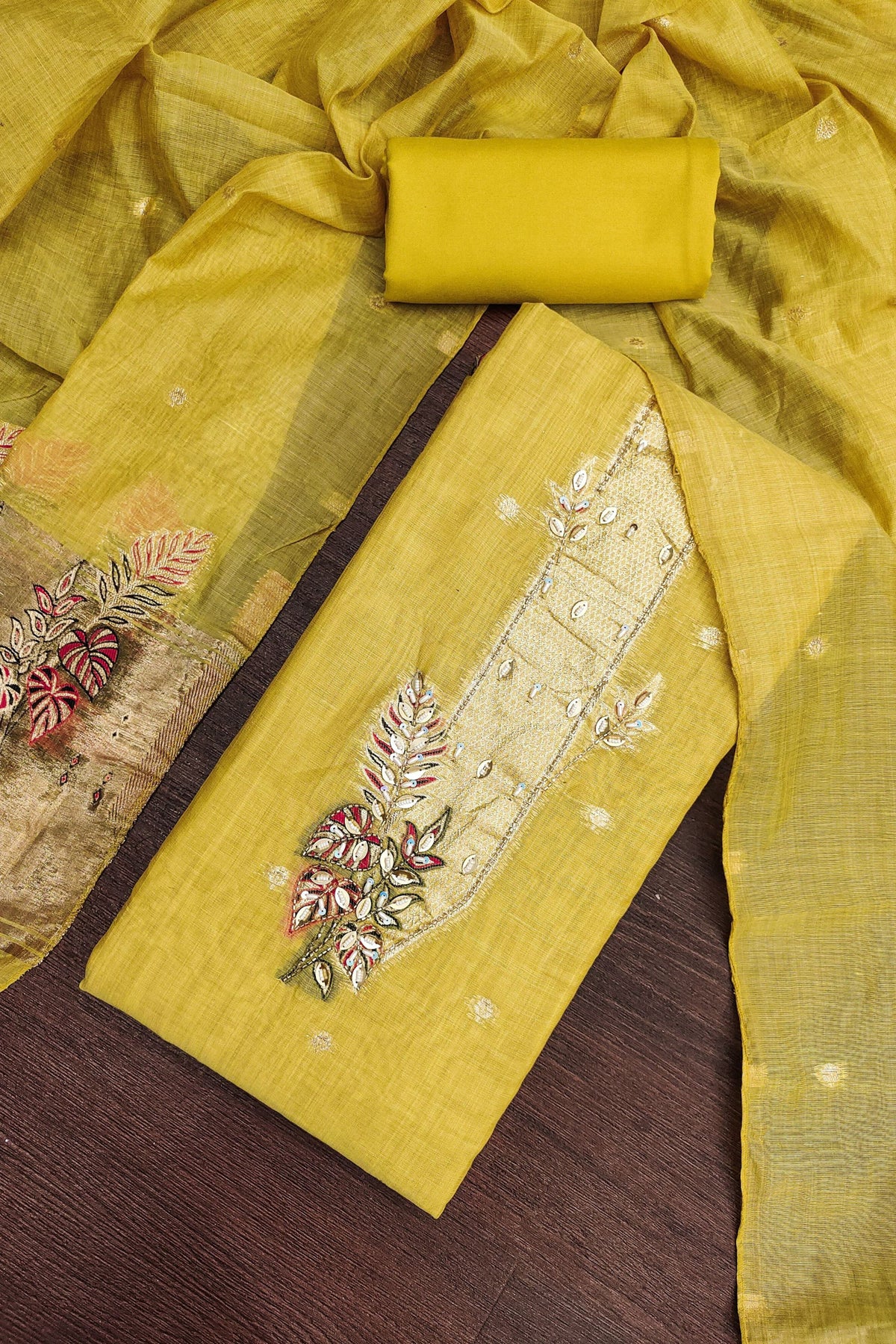 Royal Mustard Yellow Banarasi Cotton Woven Designer Hand Work Salwar Suit for Women
