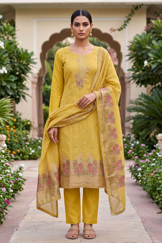 Royal Mustard Yellow Banarasi Cotton Woven Designer Hand Work Salwar Suit for Women