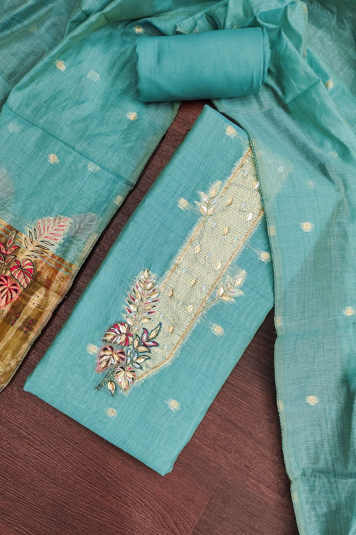 Wonderfull Teal Blue Banarasi Cotton Woven Designer Hand Work Salwar Suit for Women