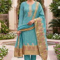 Wonderfull Teal Blue Banarasi Cotton Woven Designer Hand Work Salwar Suit for Women