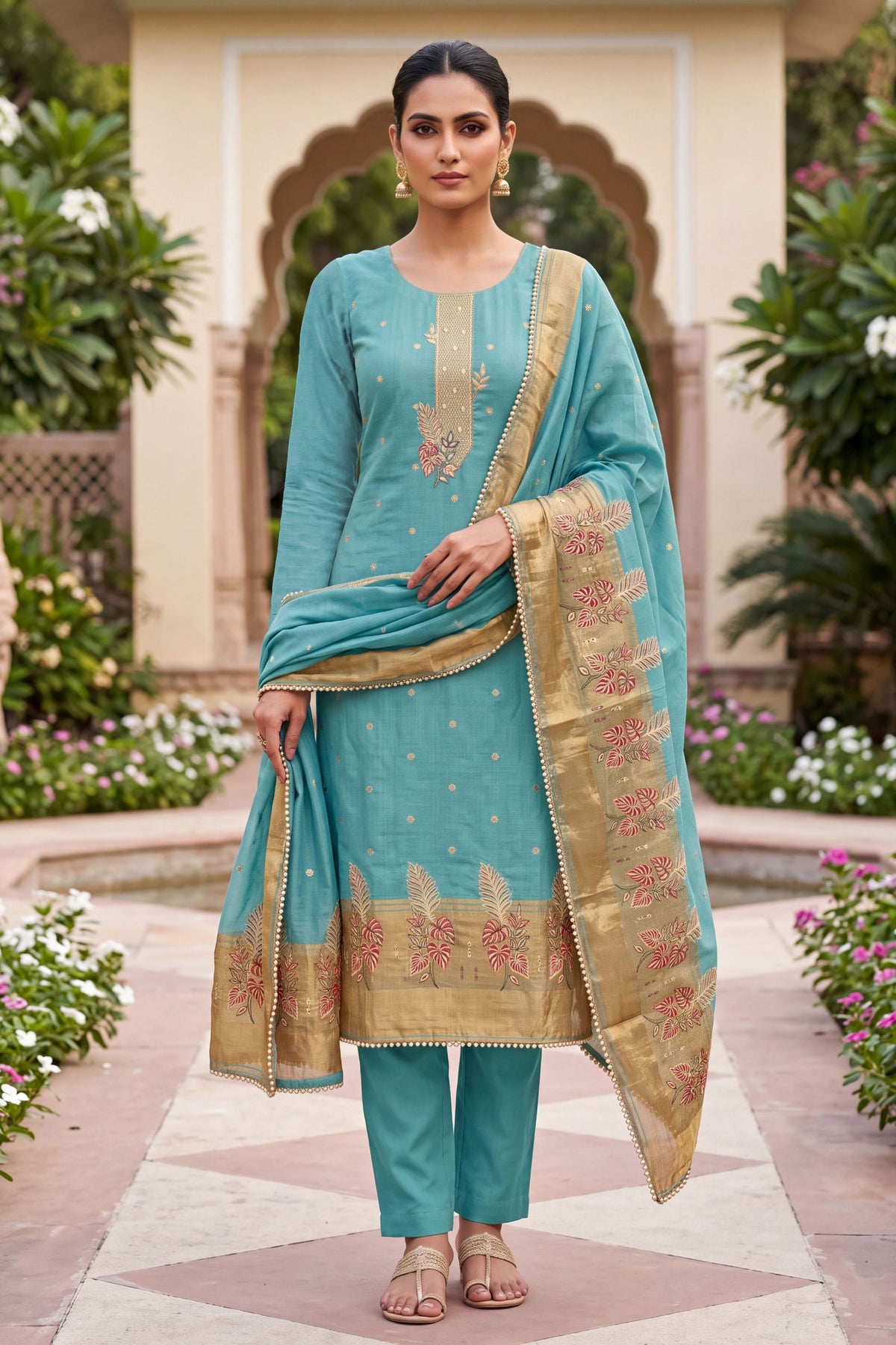 Wonderfull Teal Blue Banarasi Cotton Woven Designer Hand Work Salwar Suit for Women