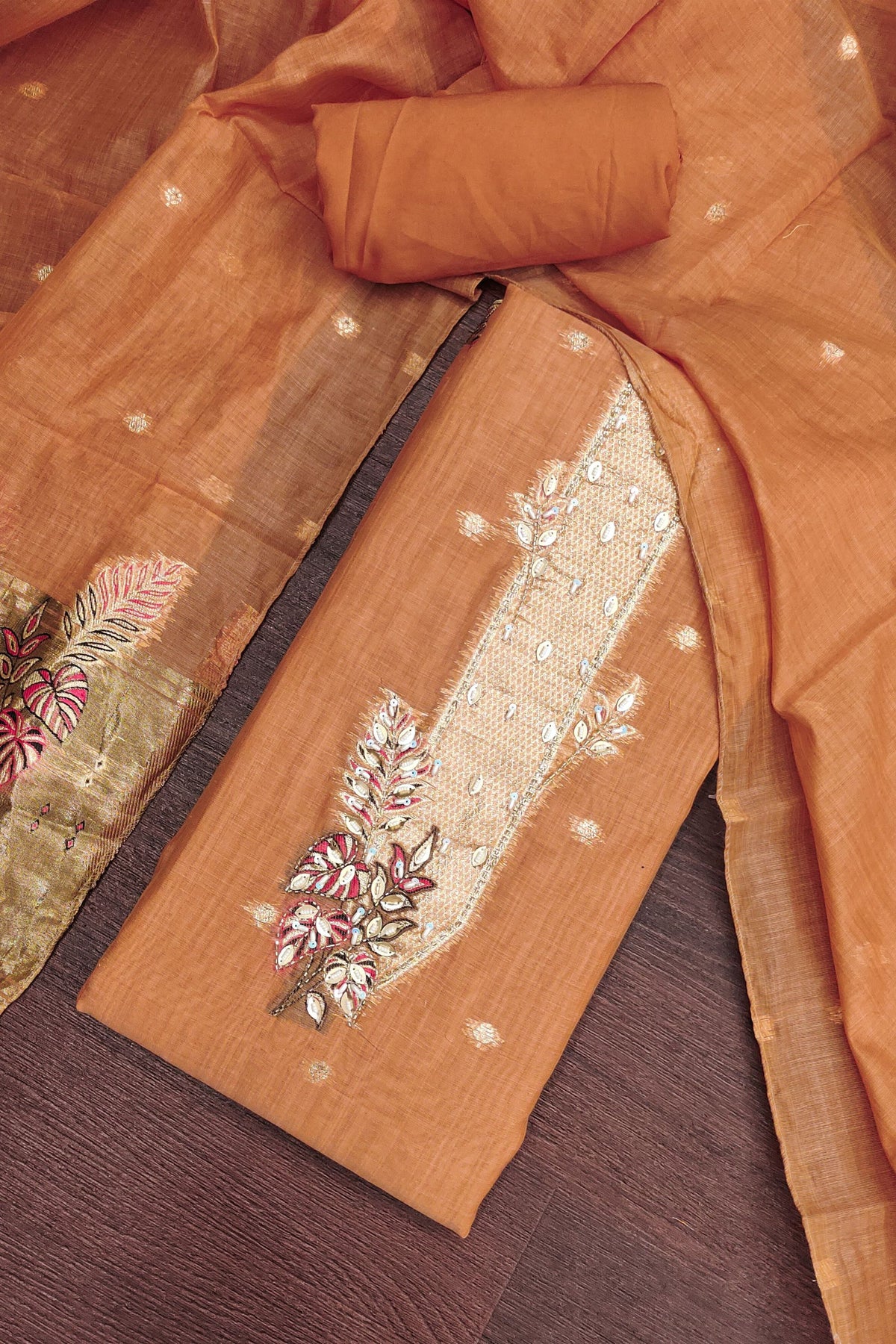 Elegant Peach Banarasi Cotton Woven Designer Hand Work Salwar Suit for Women