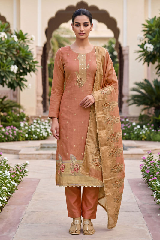 Elegant Peach Banarasi Cotton Woven Designer Hand Work Salwar Suit for Women
