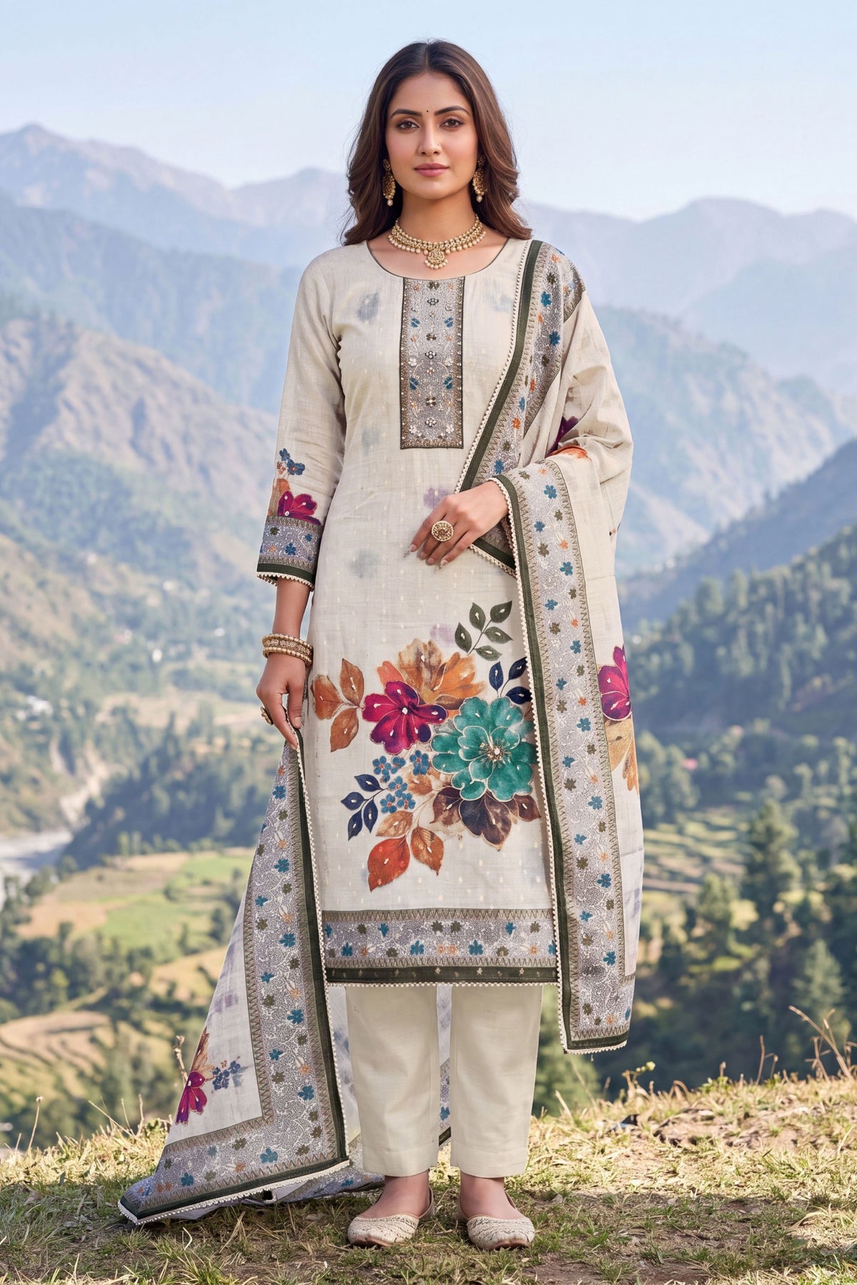Graceful Olive Green Modal Cotton Hand Work Salwar Suit with Dupatta