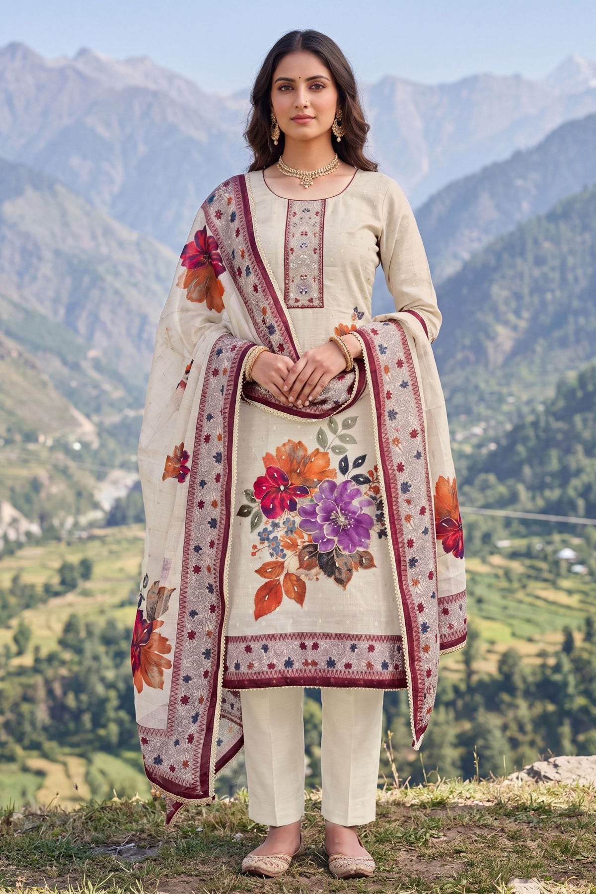 Stylish Maroon Modal Cotton Printed Hand Work Salwar Suit with Dupatta