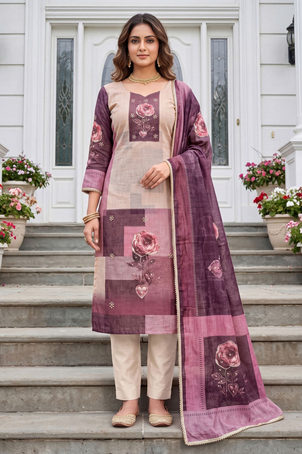 Lovely Mauve Modal Cotton Printed Hand Work Salwar Suit with Dupatta