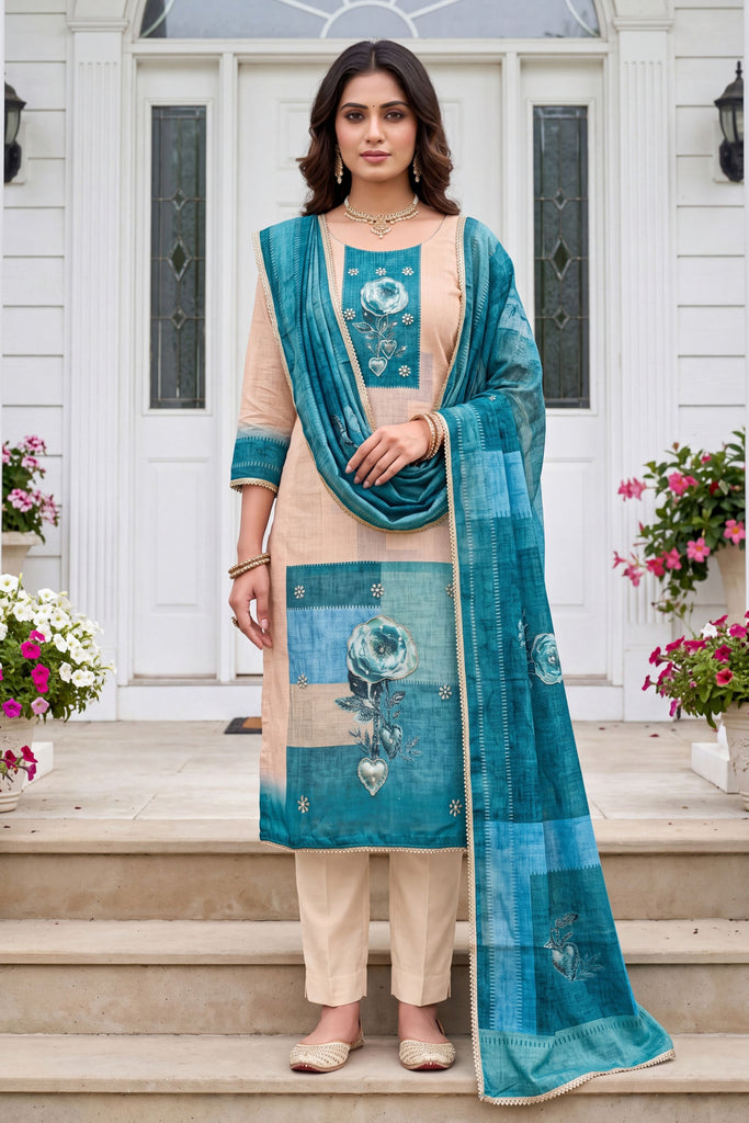 Royal Teal Blue Modal Cotton Hand Work Salwar Suit with Dupatta