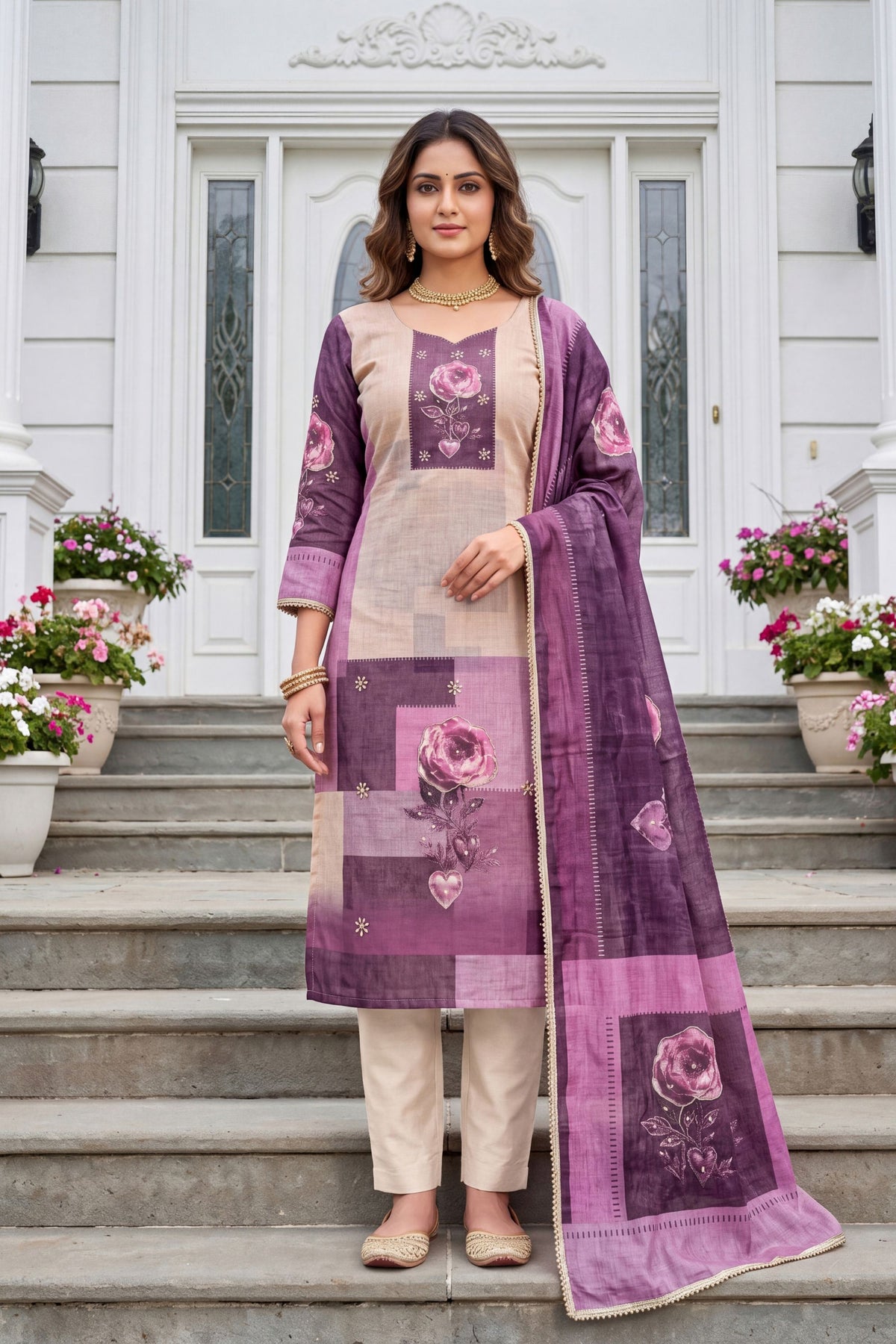 Beautiful Mauve Modal Cotton Hand Work Salwar Suit with Dupatta