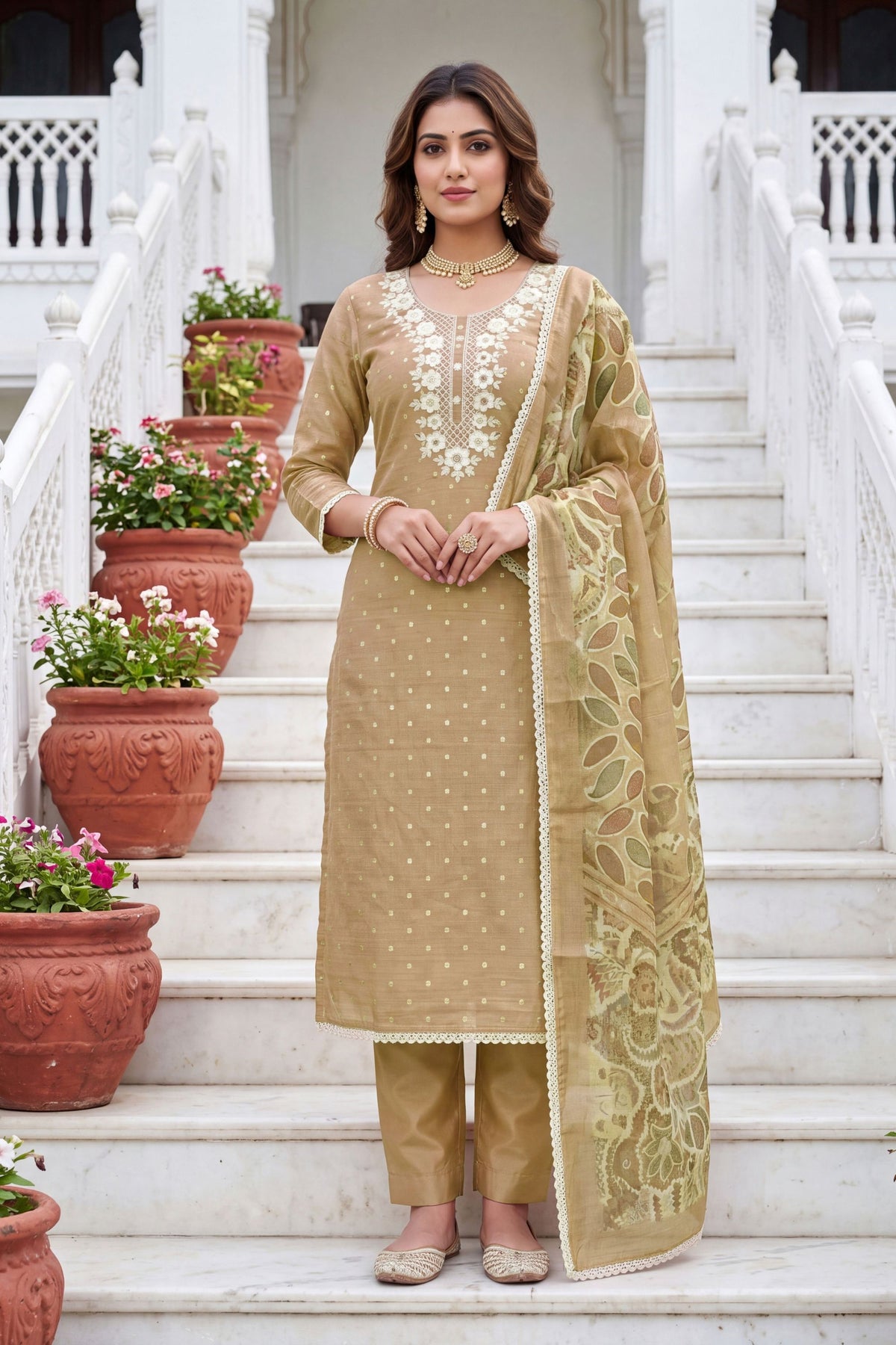 Charming Beige Modal Cotton Hand Work Salwar Suit with Dupatta