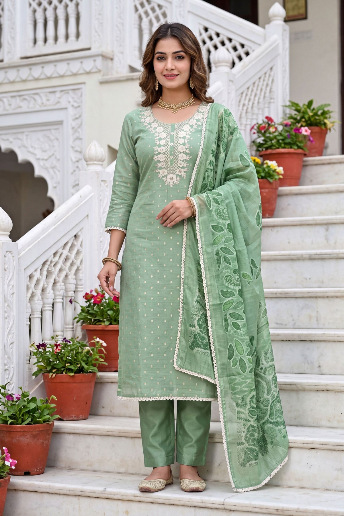 Graceful Mint Green Modal Cotton Hand Work Salwar Suit with Dupatta