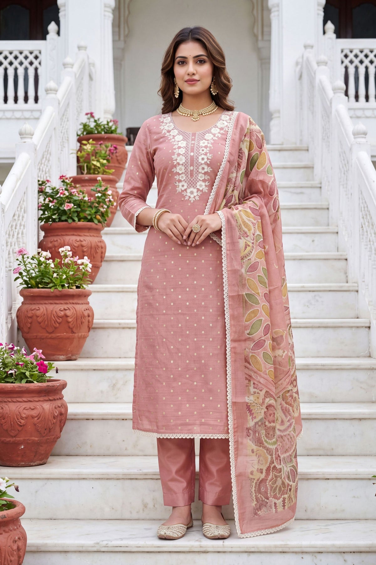 Stunning Pink Modal Cotton Printed Hand Work Salwar Suit with Dupatta