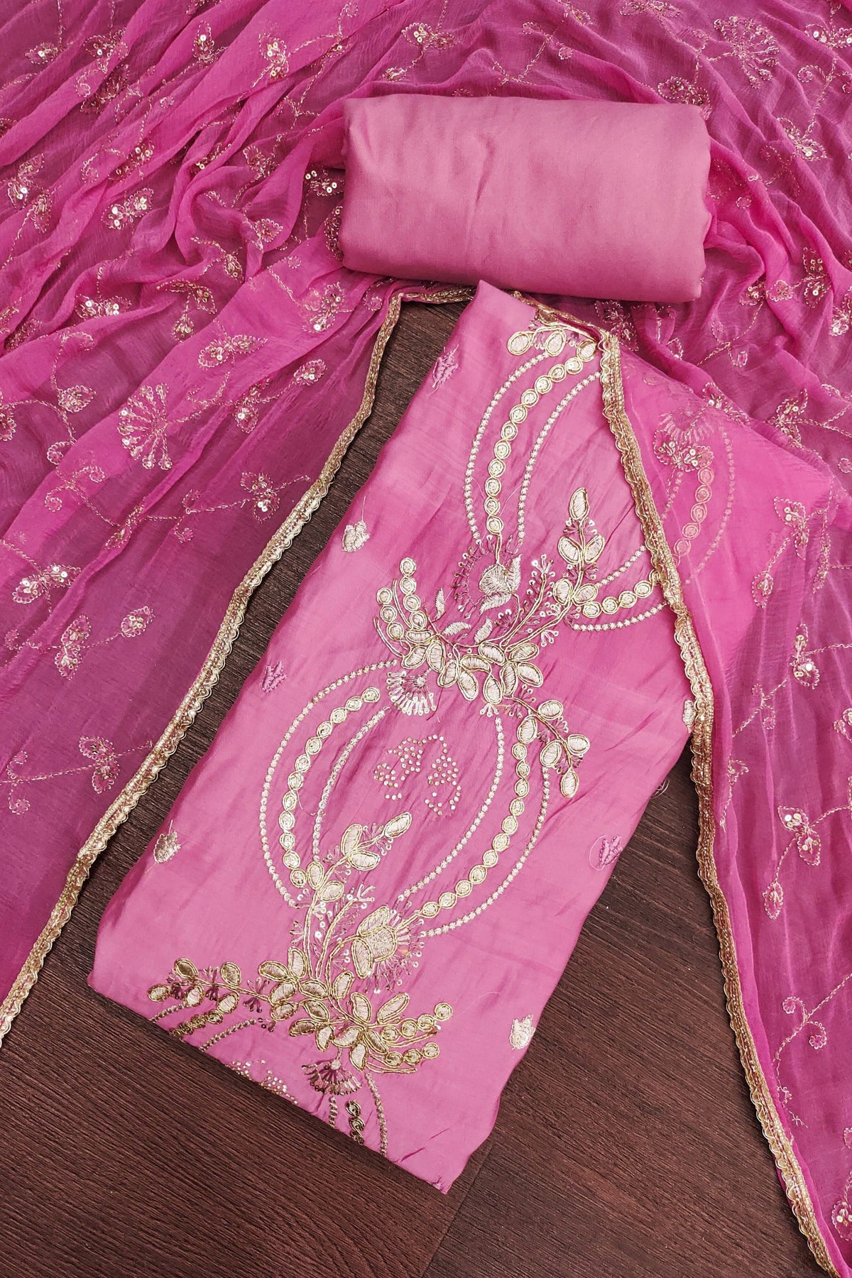 Beautiful Pink PV Chanderi Embroidery Hand Work Salwar Suit with Dupatta