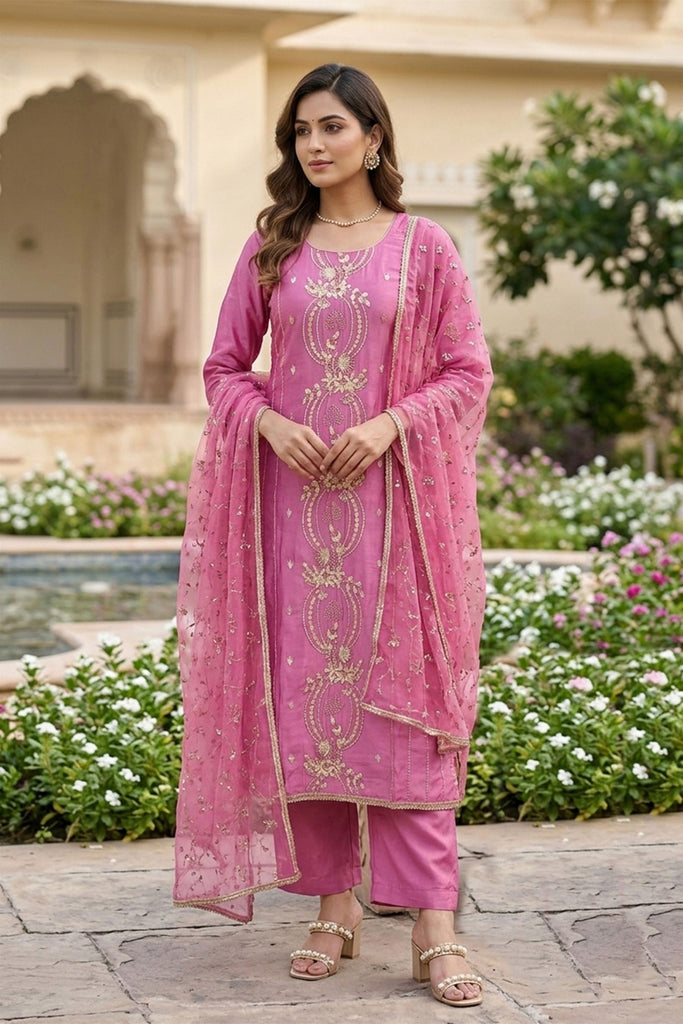Beautiful Pink PV Chanderi Embroidery Hand Work Salwar Suit with Dupatta