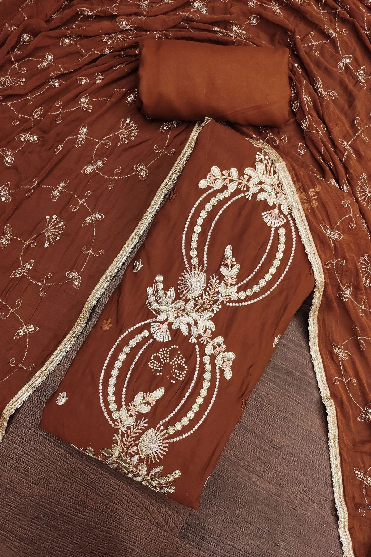 Premium Brown PV Chanderi Embroidery Hand Work Salwar Suit with Dupatta
