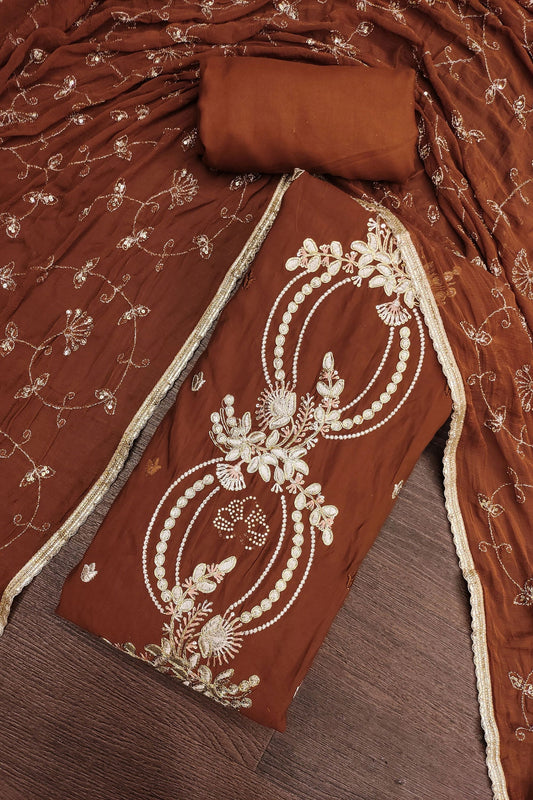 Premium Brown PV Chanderi Embroidery Hand Work Salwar Suit with Dupatta