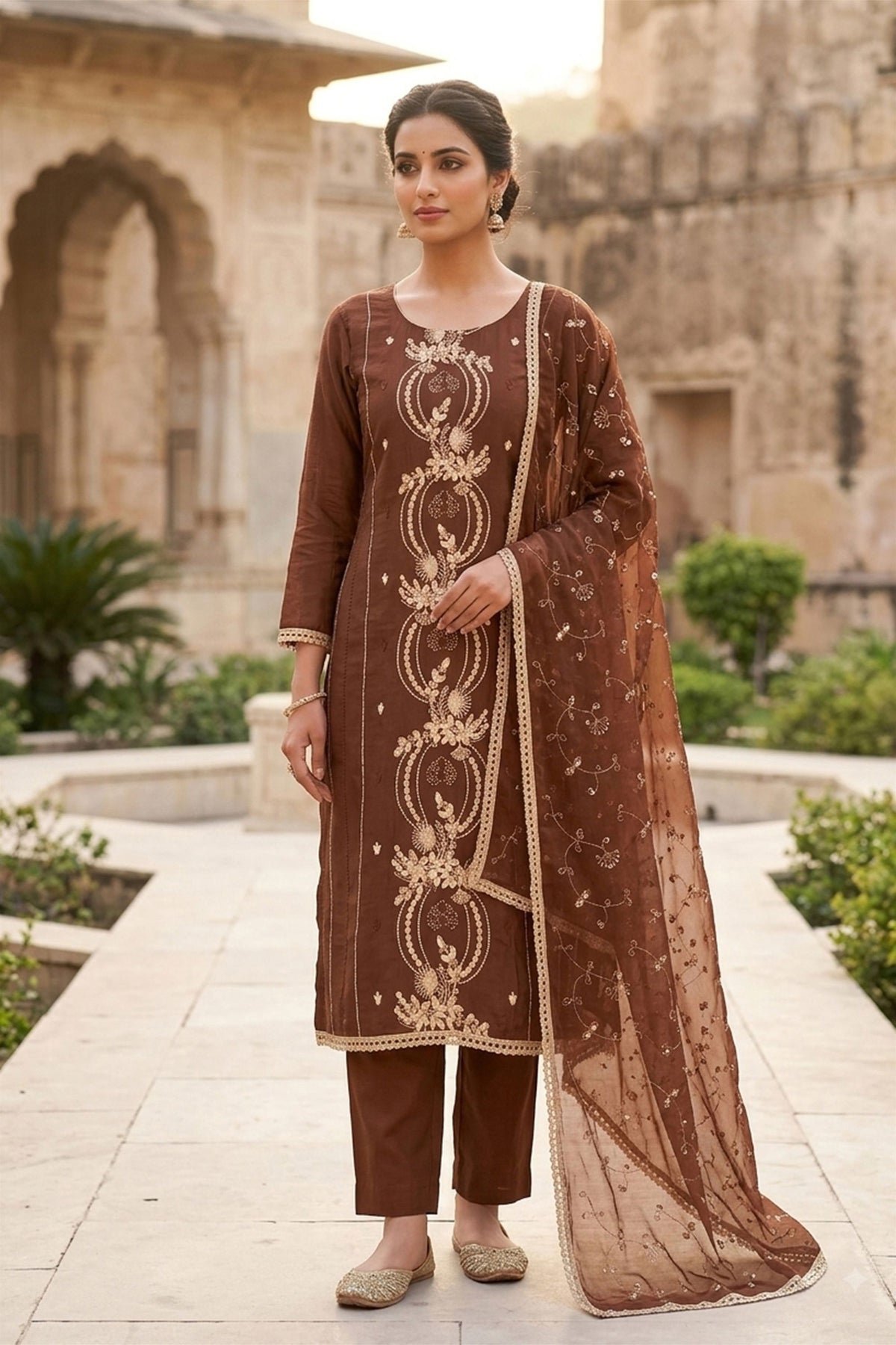 Premium Brown PV Chanderi Embroidery Hand Work Salwar Suit with Dupatta