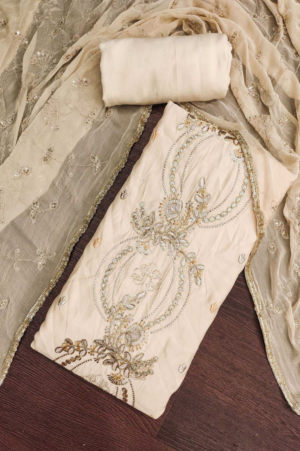 Stylish Cream PV Chanderi Embroidery Hand Work Salwar Suit with Dupatta