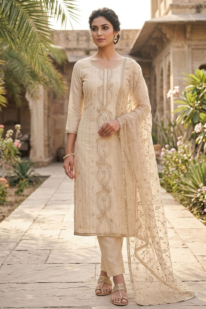 Stylish Cream PV Chanderi Embroidery Hand Work Salwar Suit with Dupatta