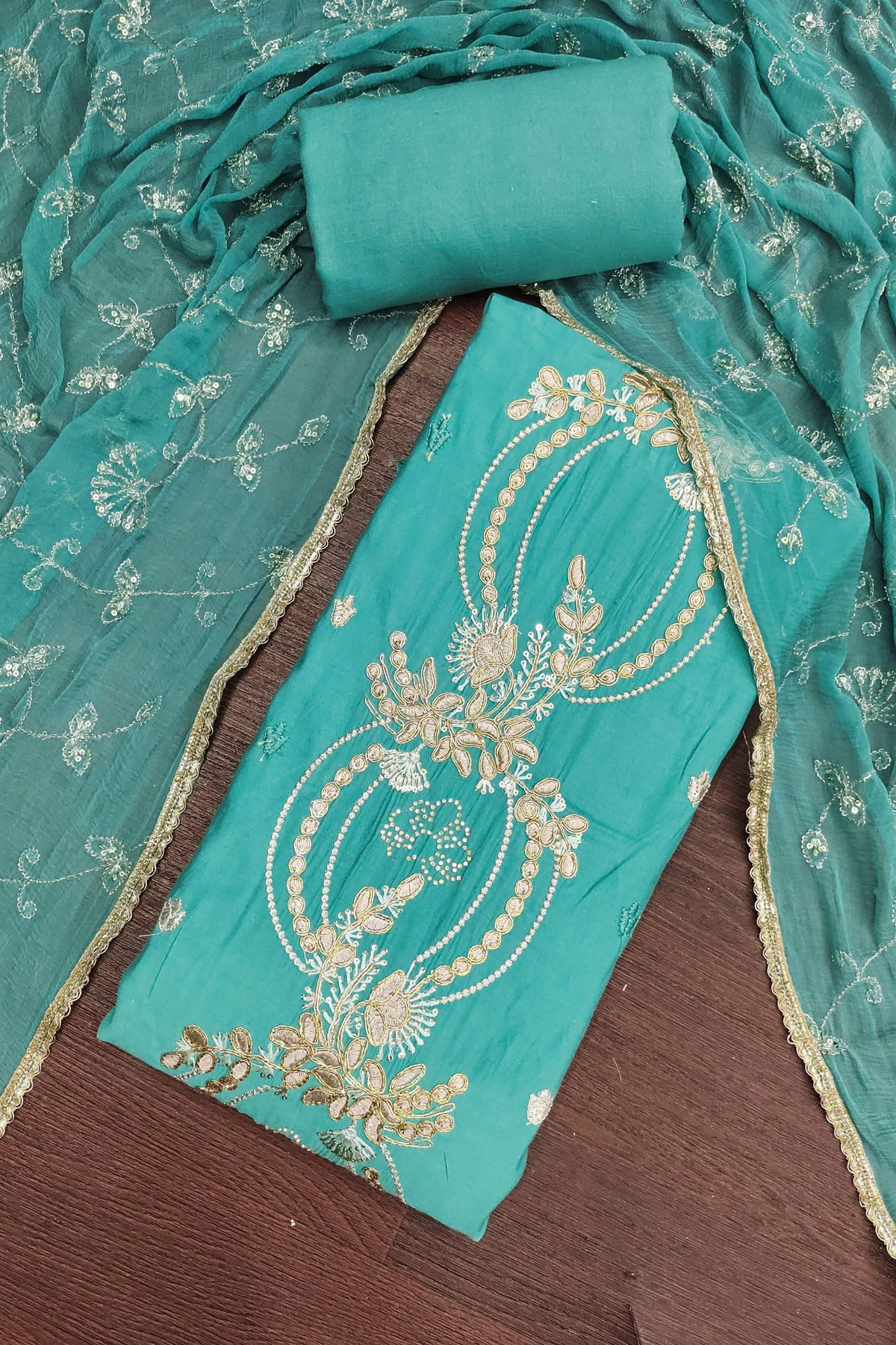 Graceful Teal Green PV Chanderi Embroidery Hand Work Salwar Suit with Dupatta